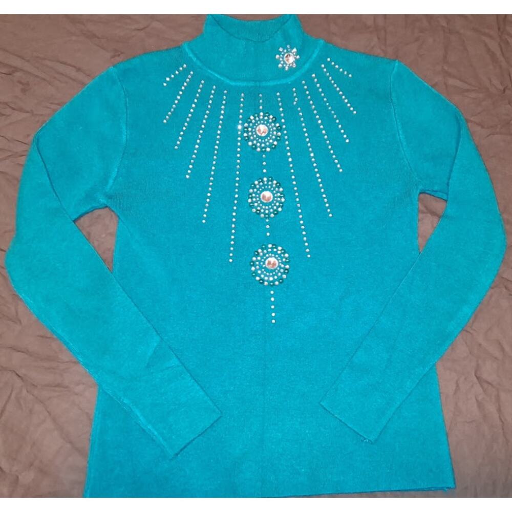 Teal Blue Embellished Turtleneck Sweater – Size 29 (Fitted)